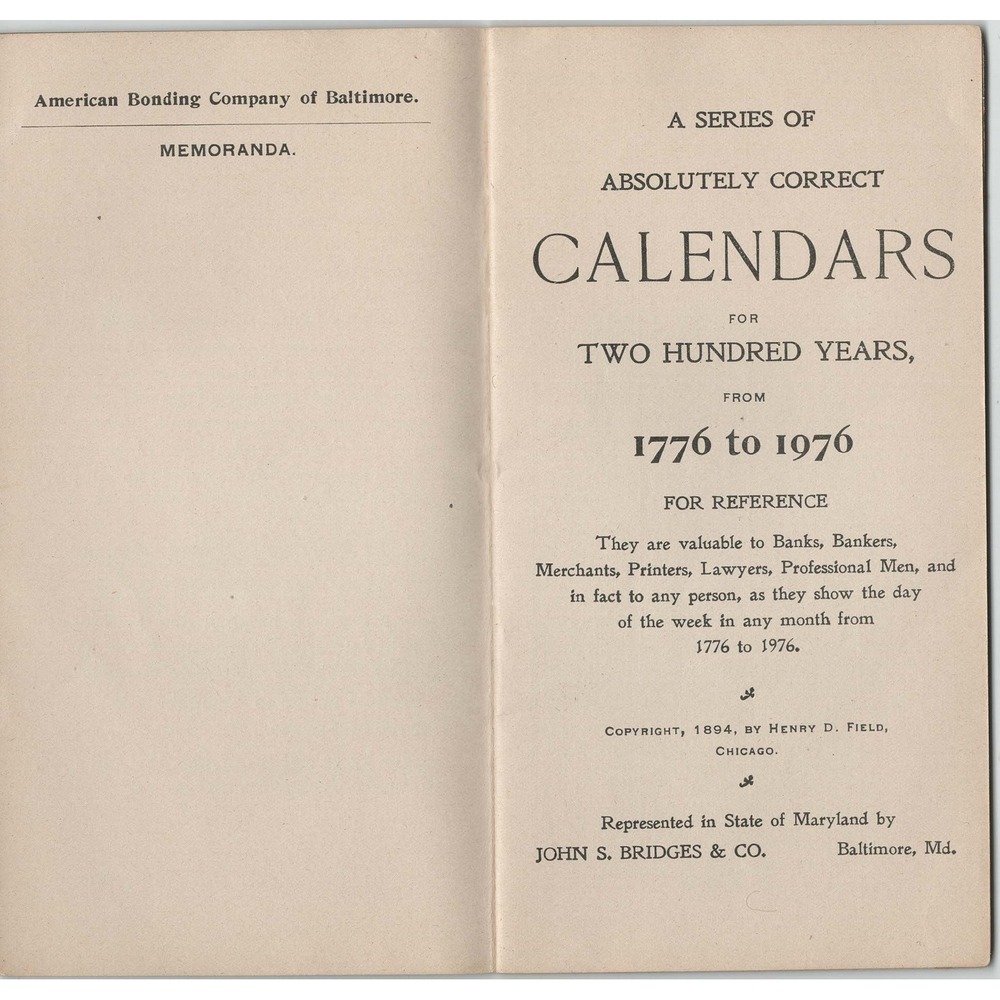 Vintage 1894 Reference Calendars 1776-1976 American Bonding Co Baltimore Booklet - Picture 3 of 3